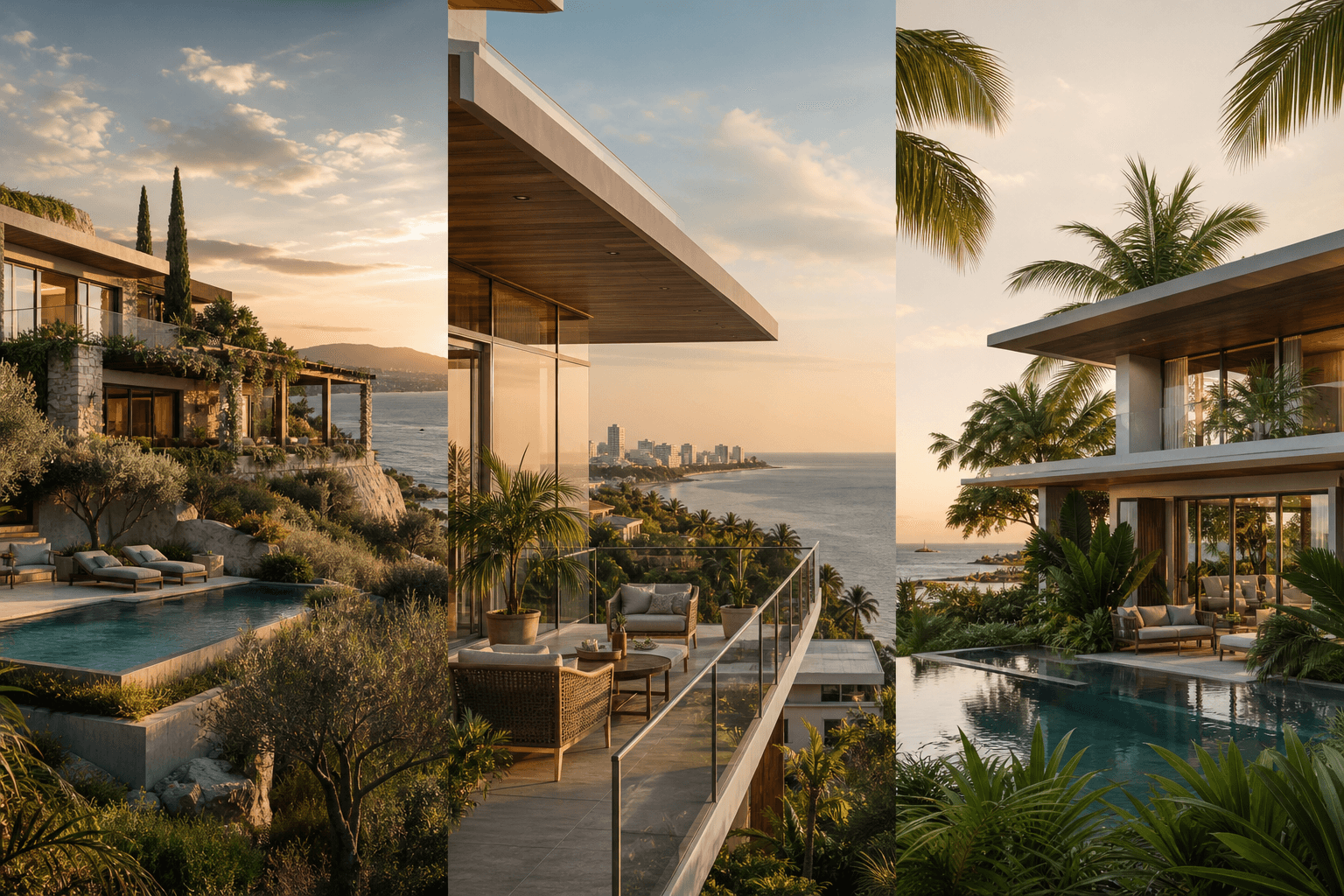 Tres estilos de propiedades residenciales internacionales junto al mar