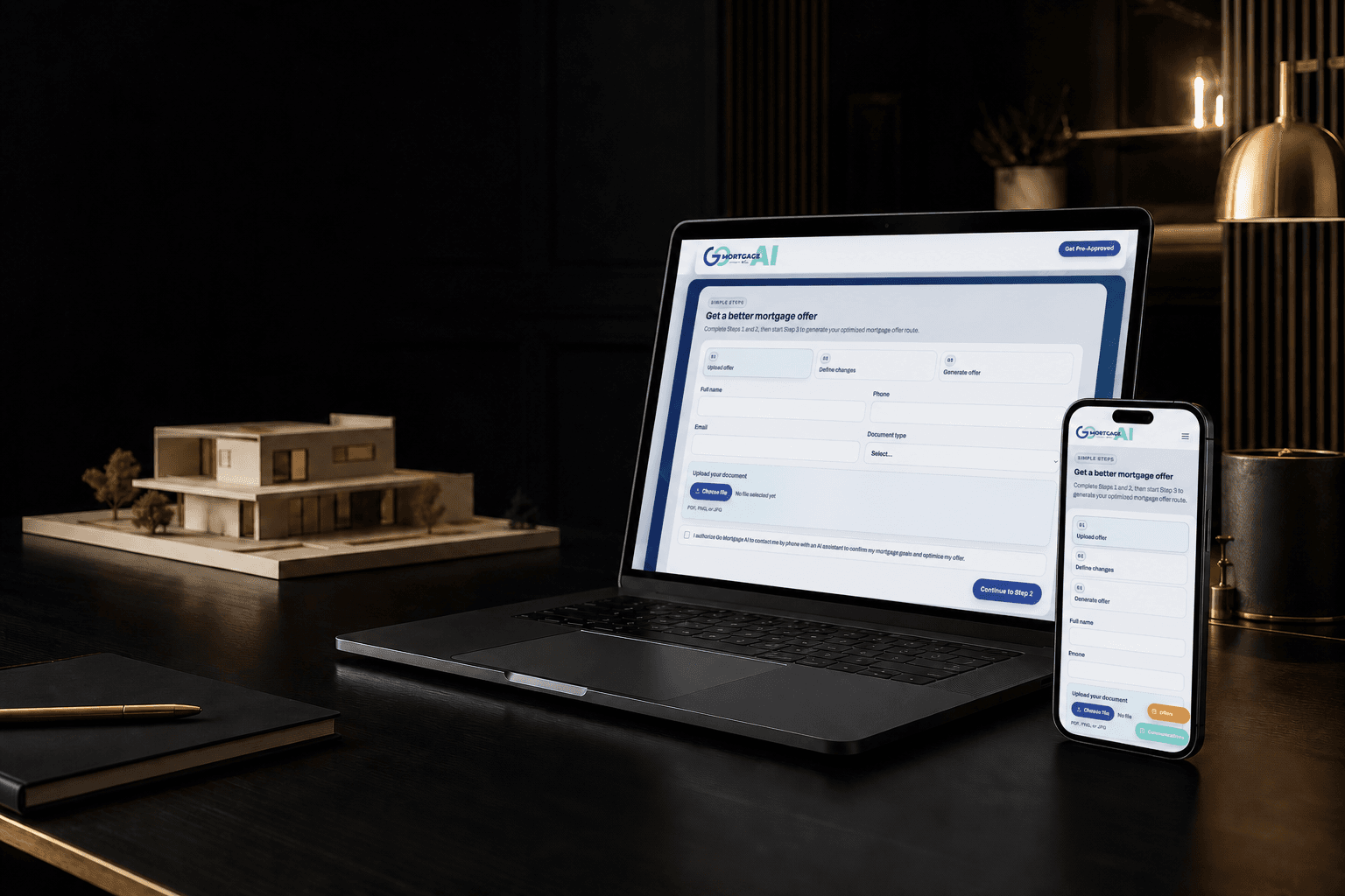 Computadora y teléfono mostrando la aplicación real de Go Mortgage AI